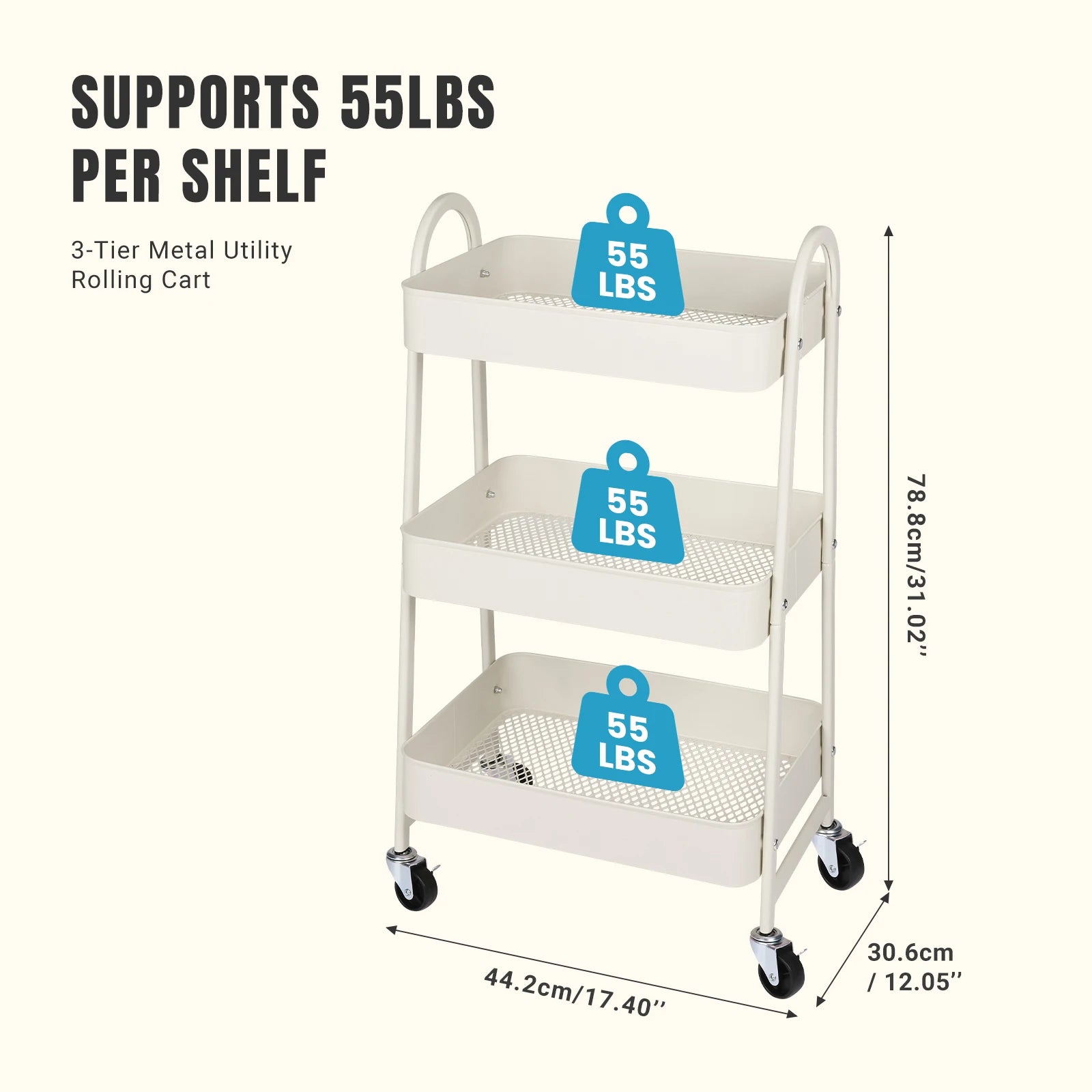 3 Tier Metal Storage Kitchen Cart with Lockable Wheels. Supports 55 lb. per shelf