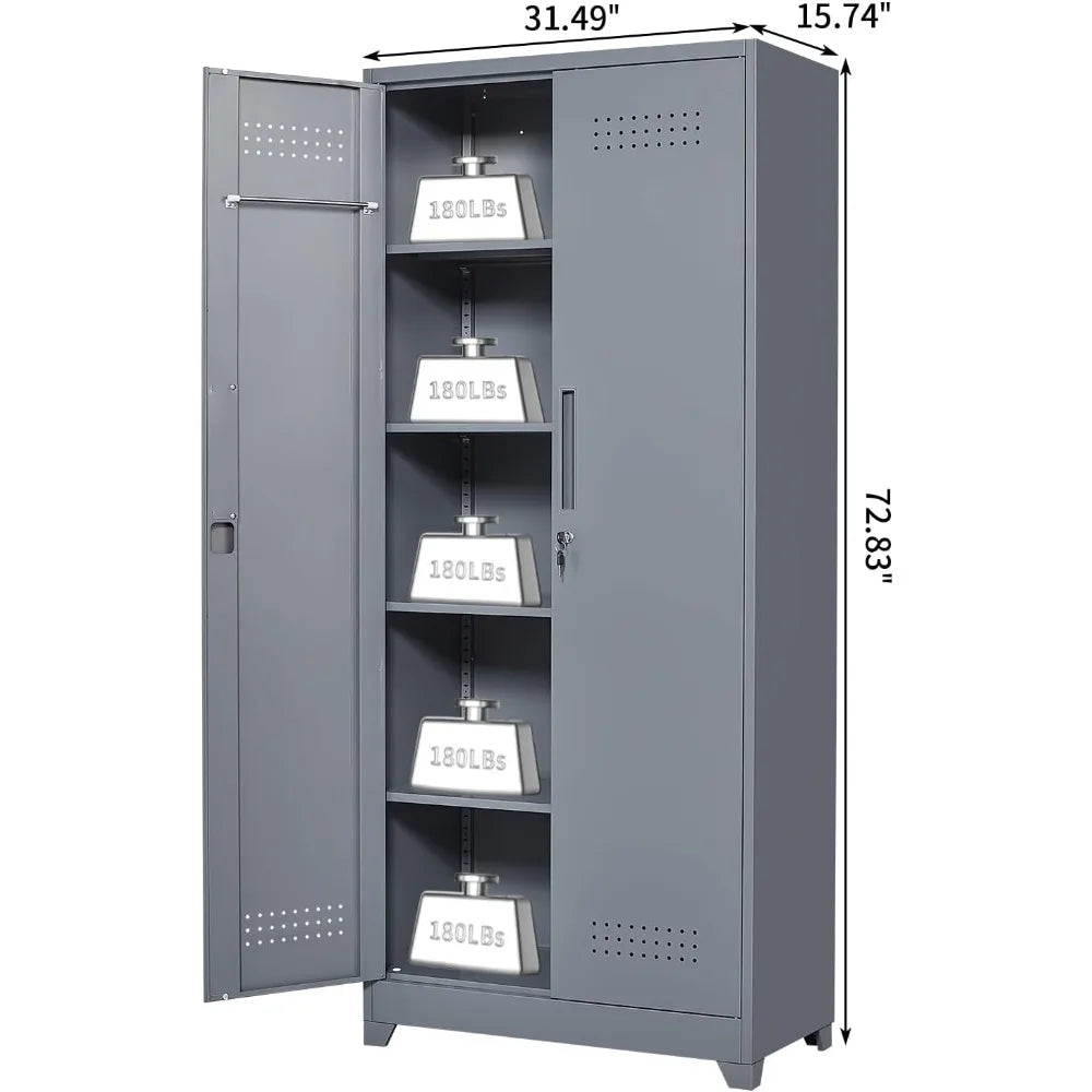 Metal Tool Storage Cabinet 72.8" Tall with Hooks and Shelves.