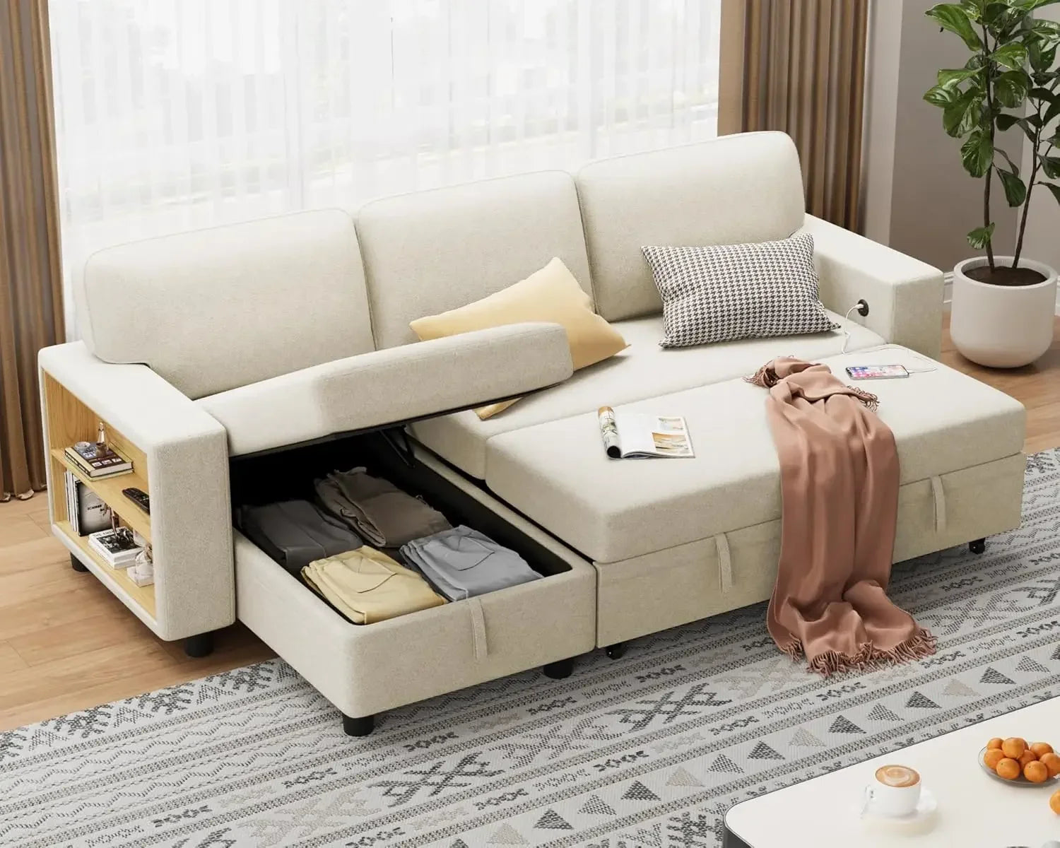 Sleeper Sofa with Built-in Large Storage and 2 Bookshelves and USB.
