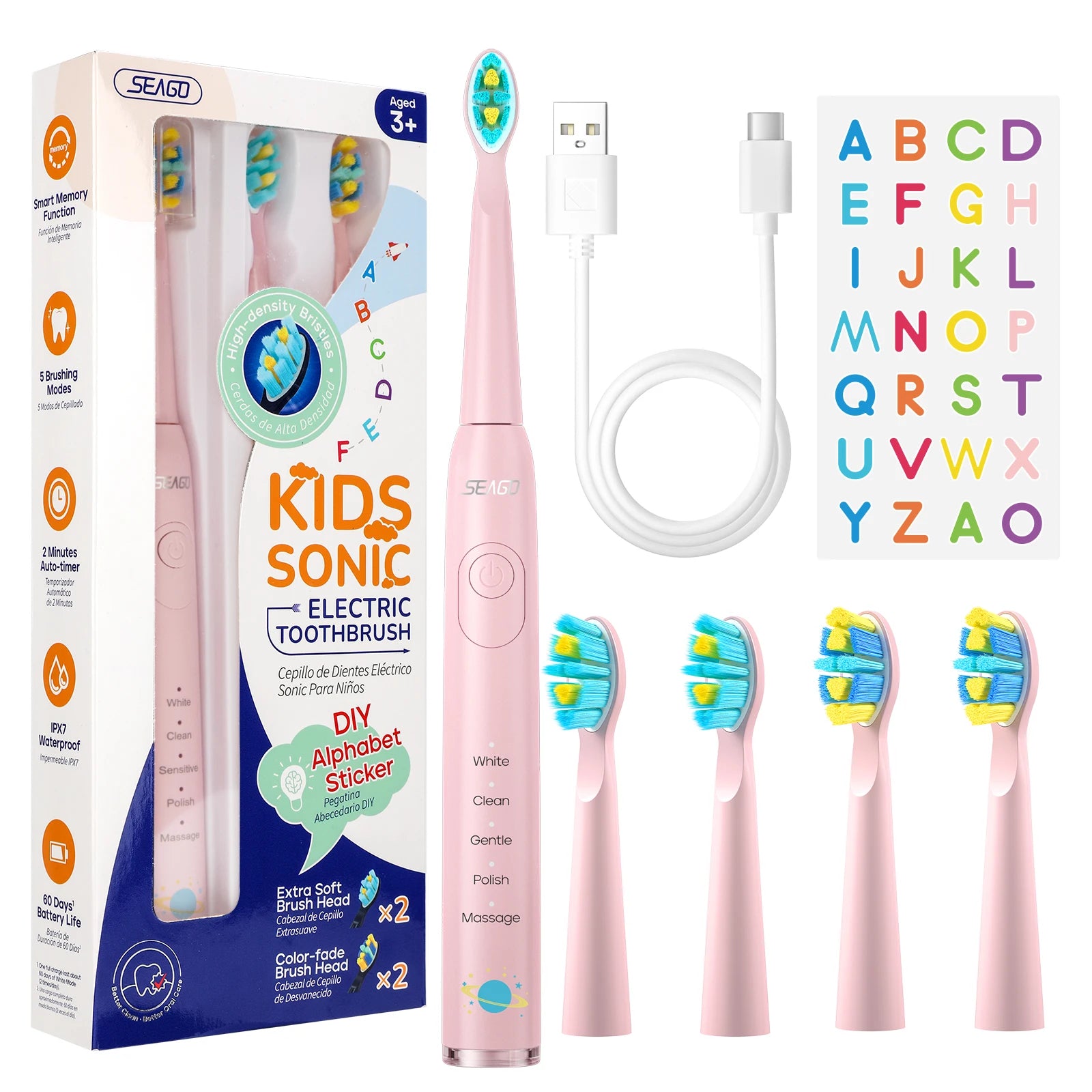 Kids Electric Rechargeable Waterproof Power Sonic Toothbrush for 3+Years of Age with 5 Modes; Replacement Head SG-2303