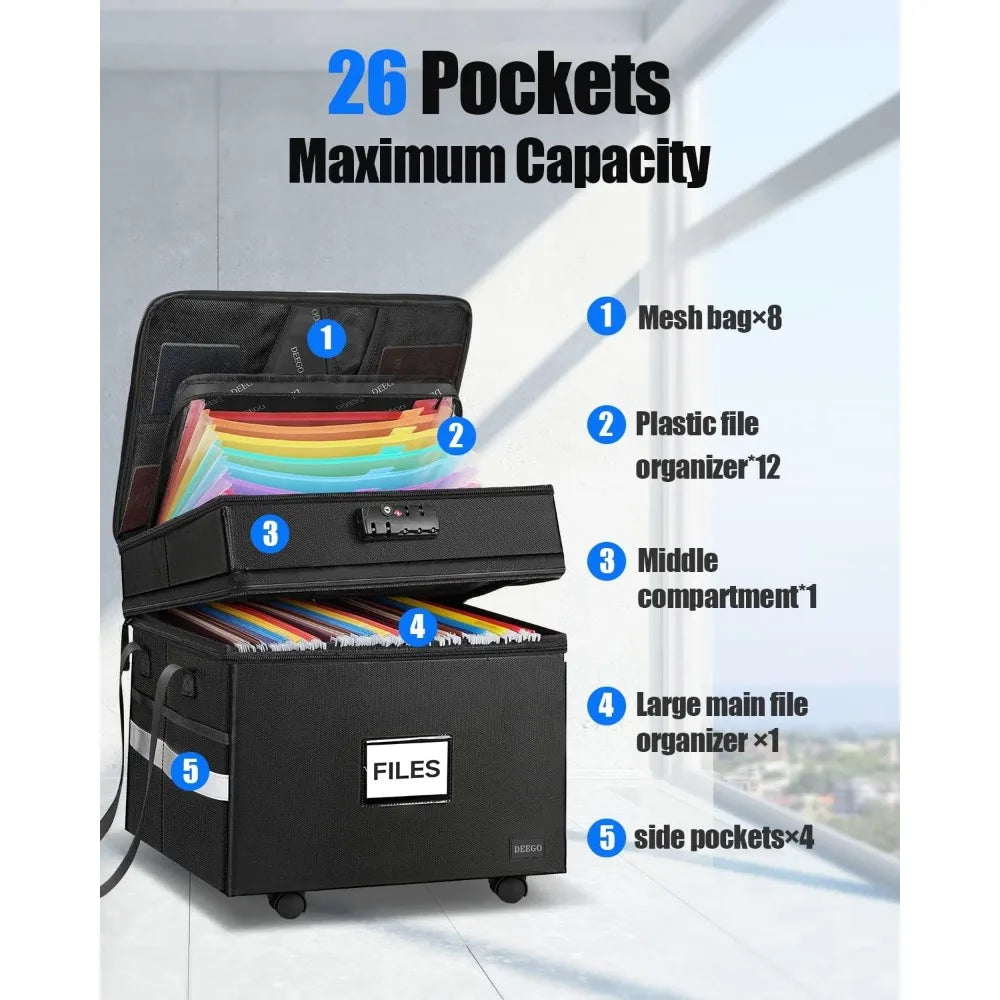 Fireproof and Water Resistant File Organizer on Wheels  with Multiple Pockets