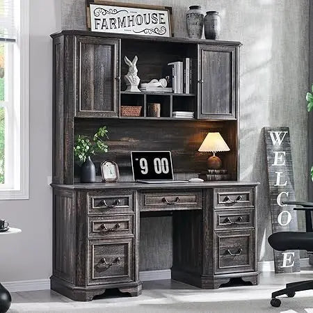 59" Farmhouse Executive Desk with Hutch,Wood Home Office Computer Desk, Featuring Keyboard Tray,Charging Station,File Drawer, S