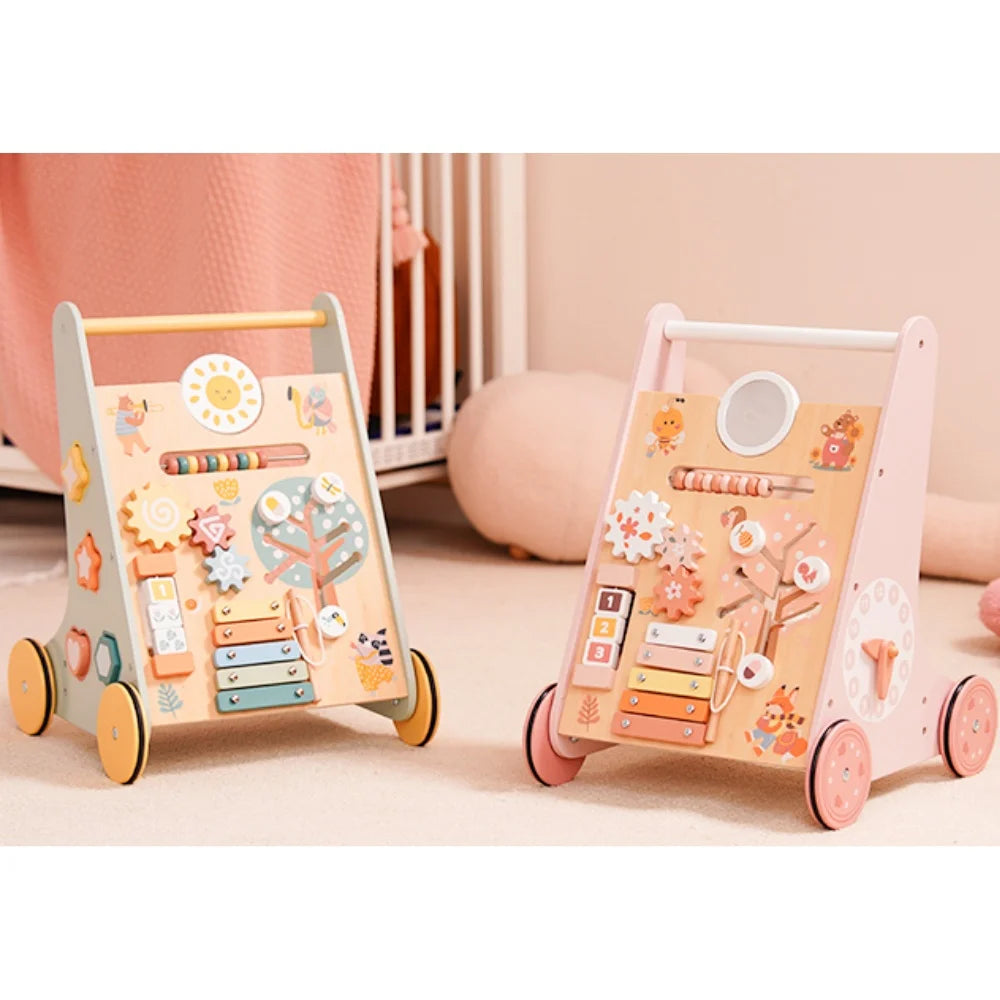 A Montessori Push Toy Baby Walker with Wooden Wheels.