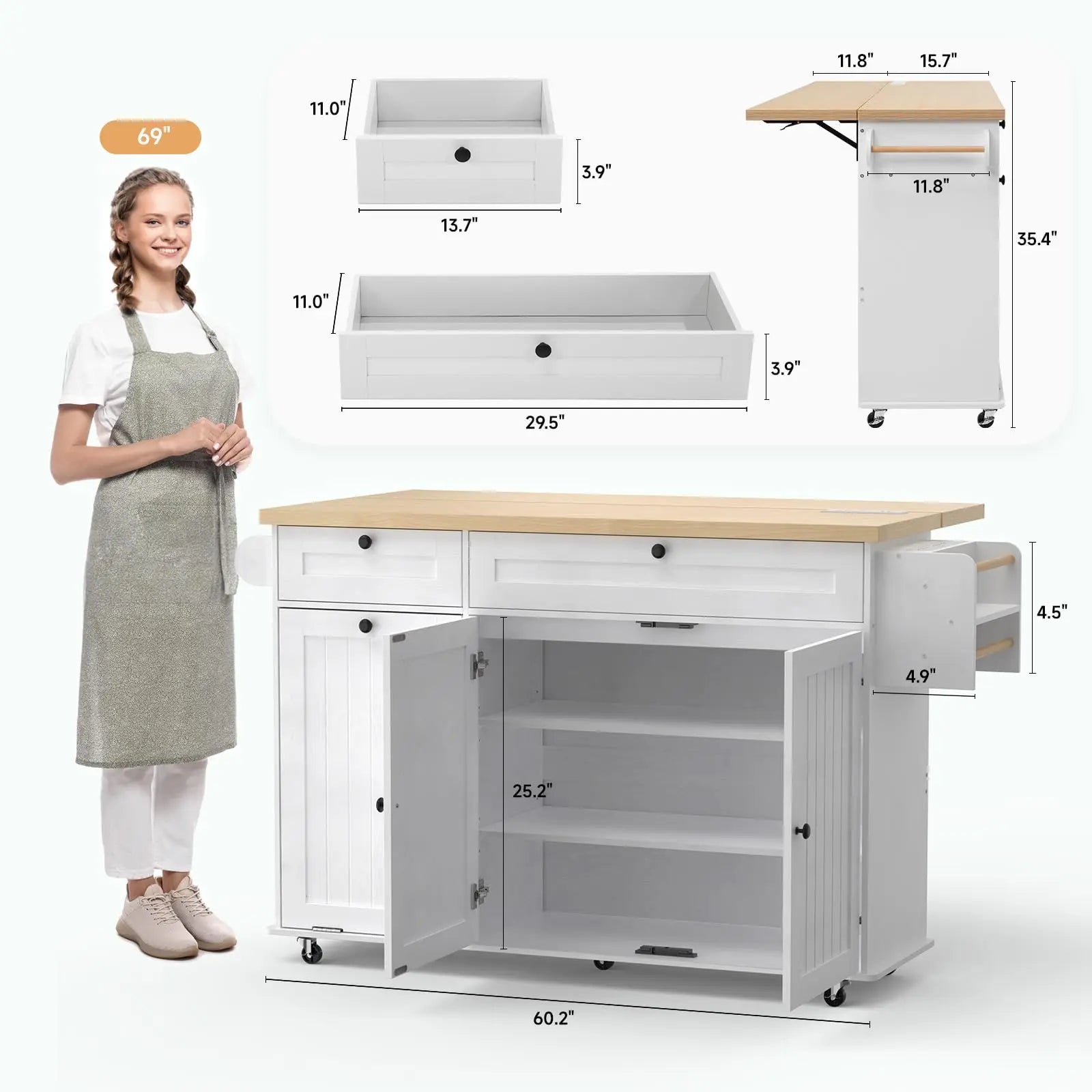 60" Rolling Kitchen Island with Drop Leaf, Power Outlet, Trash Bin and Towel Rack.