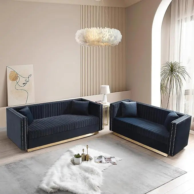 Luxury Velvet Sofa Set for Living Room with Nailhead Gold Metal Legs and 4 Pillows.