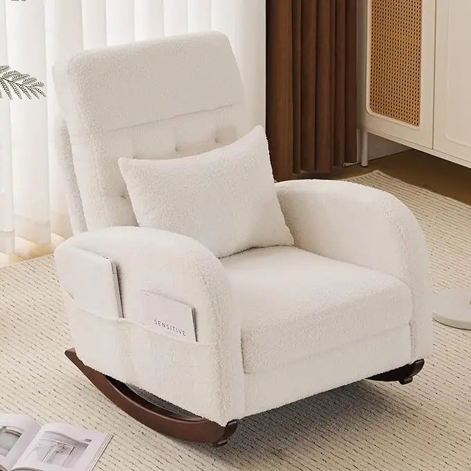 Upholstered Rocking Chair/Glider with Thick Headrest, Curved Armrest and Side Pockets. Two Styles and Various Colors.