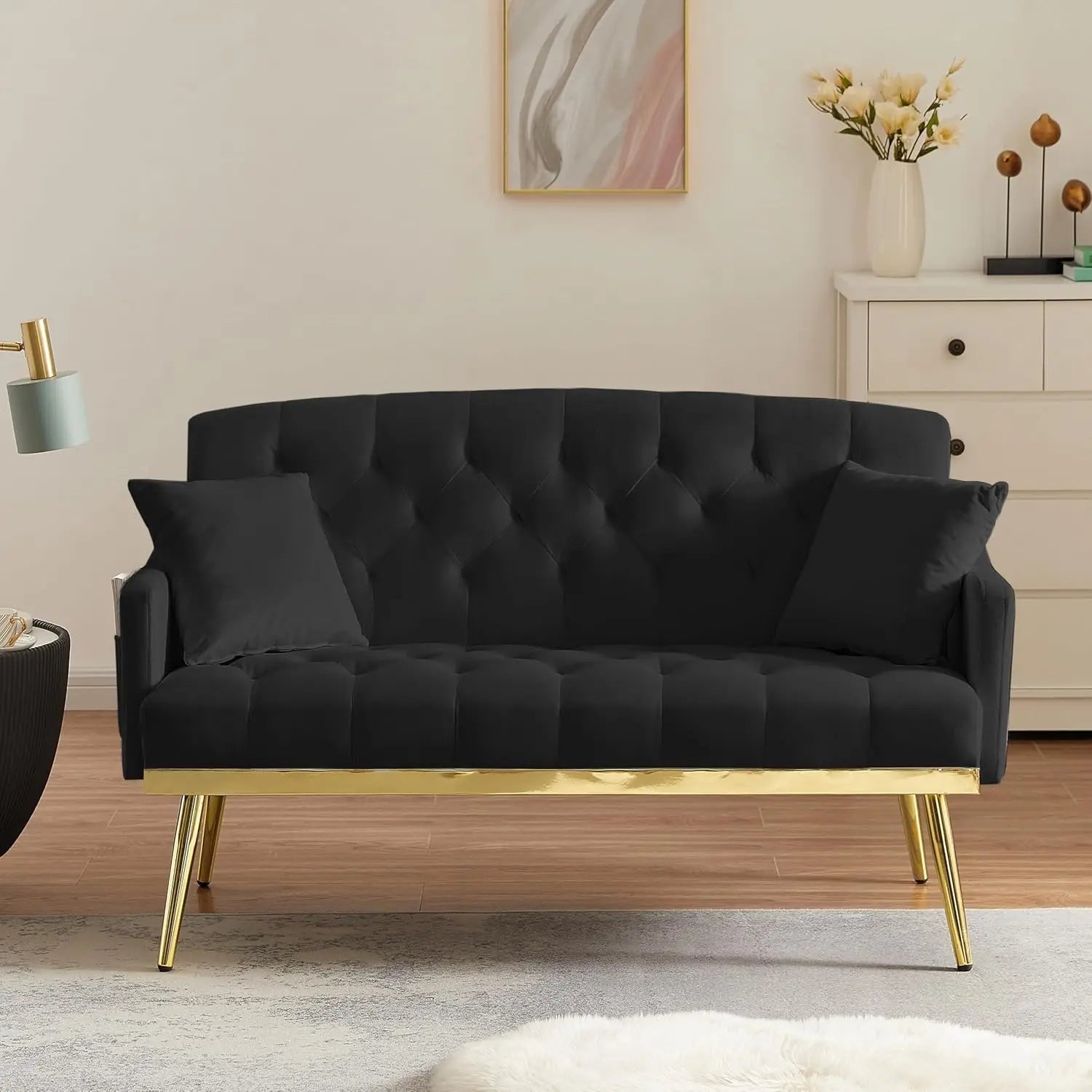 55-Inch Velvet Loveseat with Tufted Backrest, Side Pockets and Gold Metal Legs.  Also available in white or gray chair.