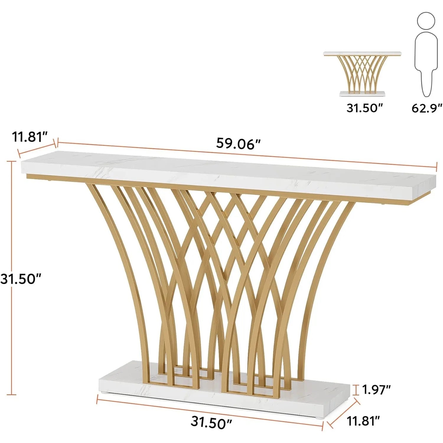 59 inch Gold Console Table with Grid-Shaped Metal Base. Three styles available.