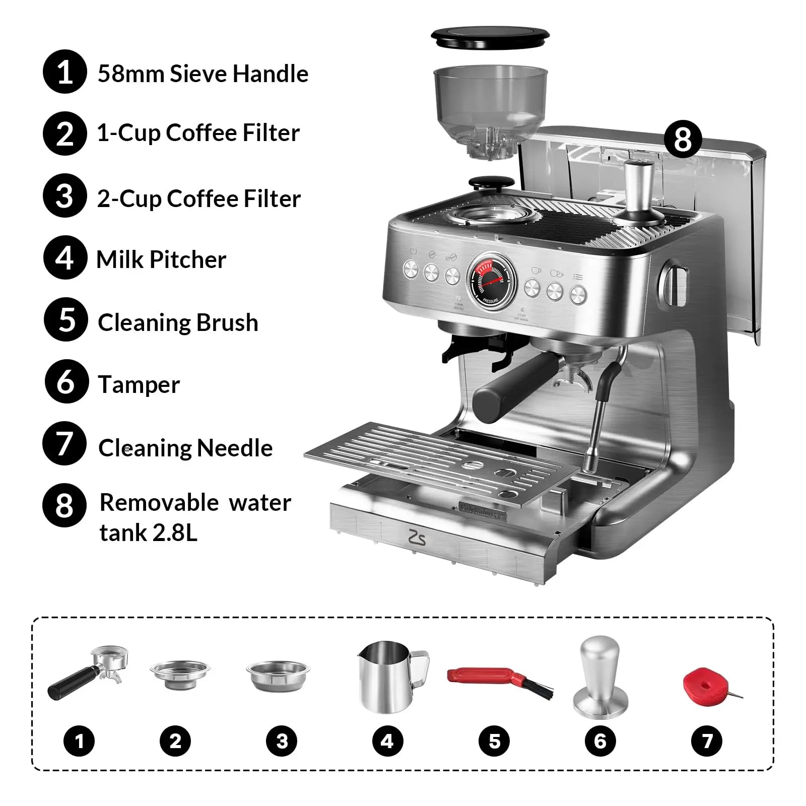 Espresso Stainless Steel Coffee Maker With Grinder and Milk Frother, 2.8L Water Tank.