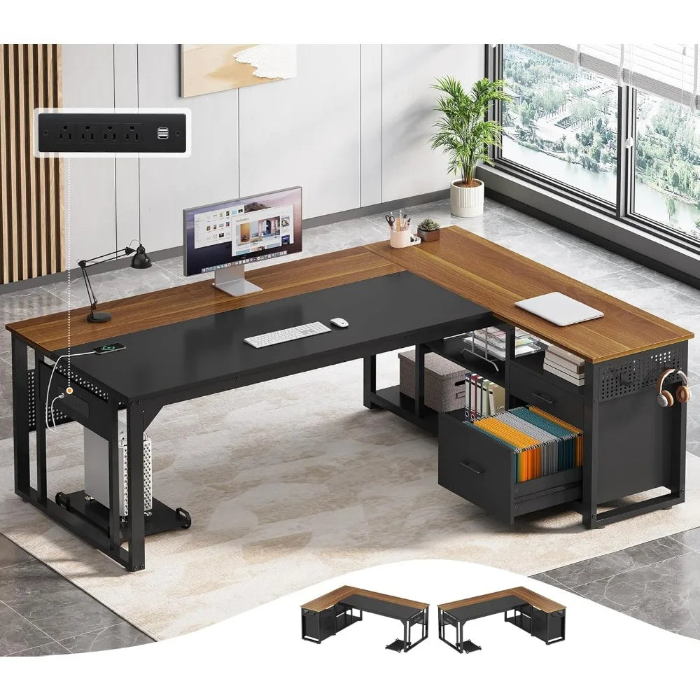 Large Reversible L-Shaped 71" Executive Desk with Power Outlets, File Drawers & Storage Shelves.
