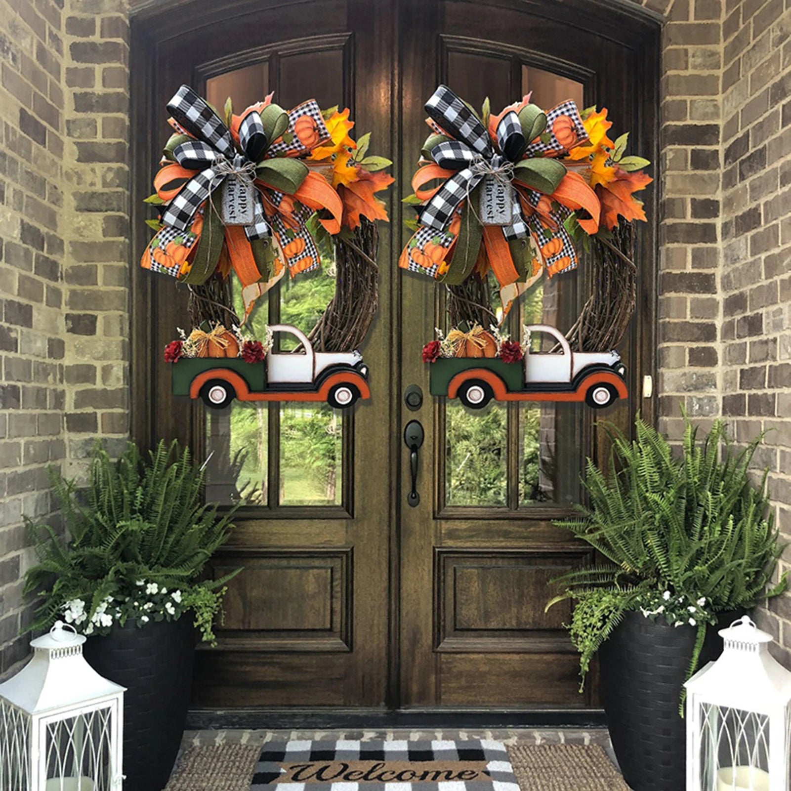 Artificial Fall Wreath for front door featuring farm truck.