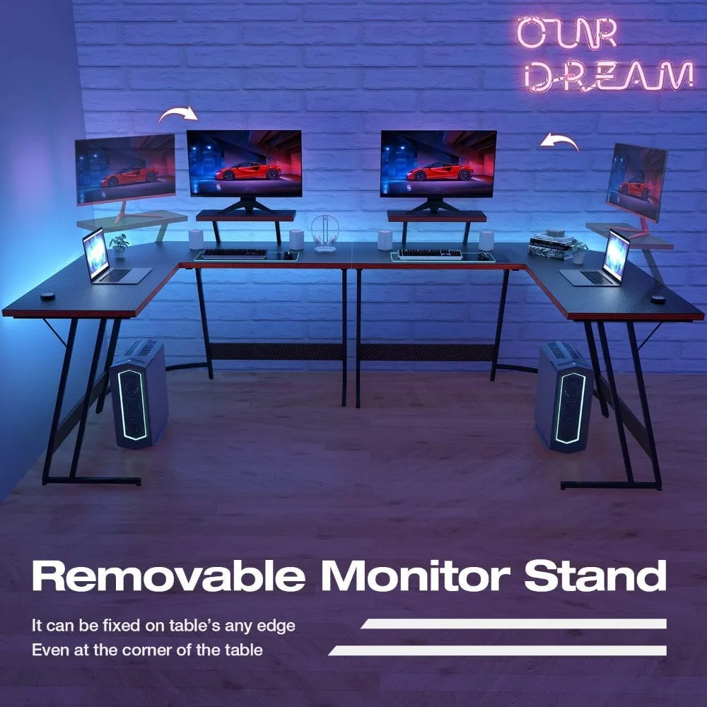 L-Shaped PC Gaming Desk with Large Monitor Riser Stand.