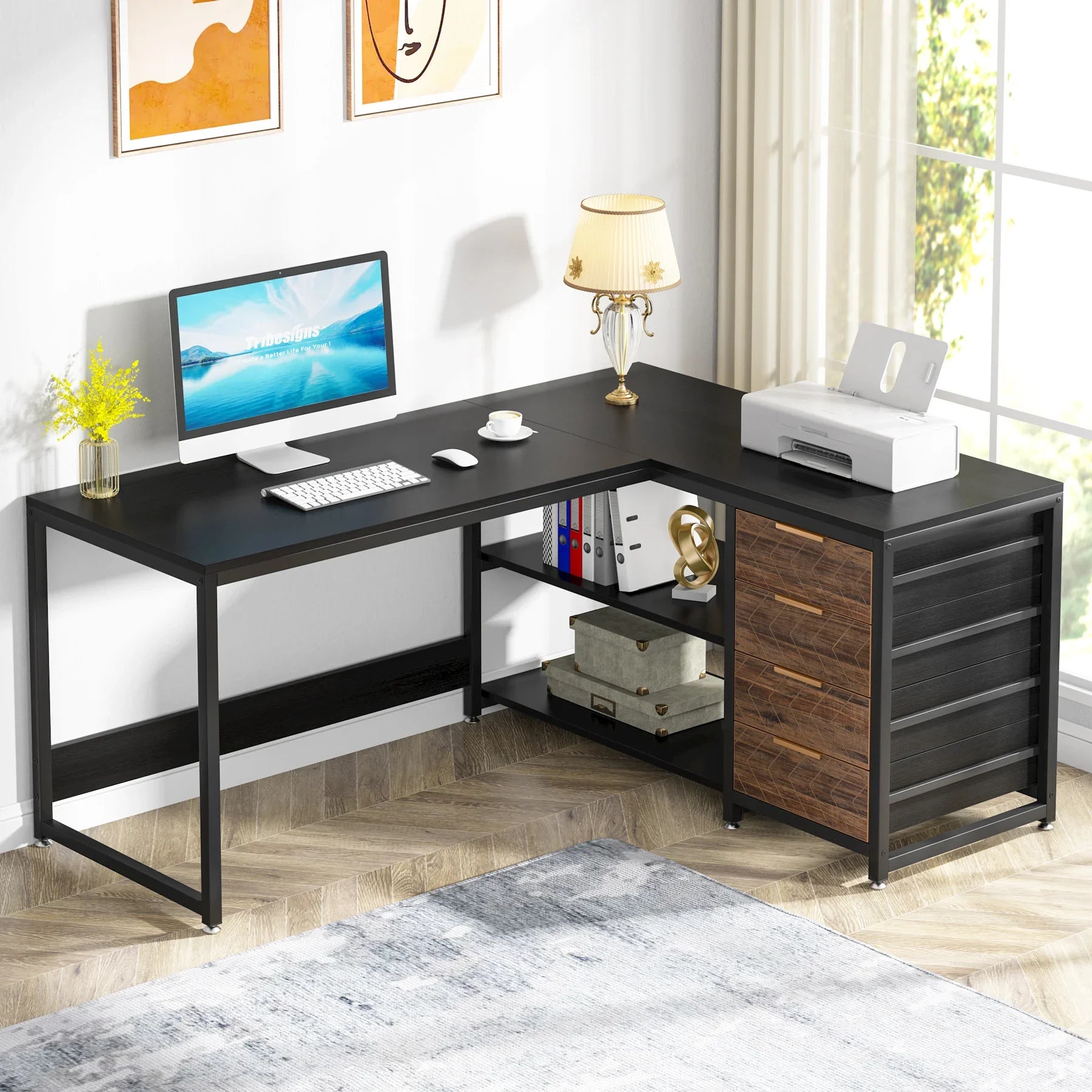 Modern L-Shaped Corner Computer Desk with PC Laptop Table.