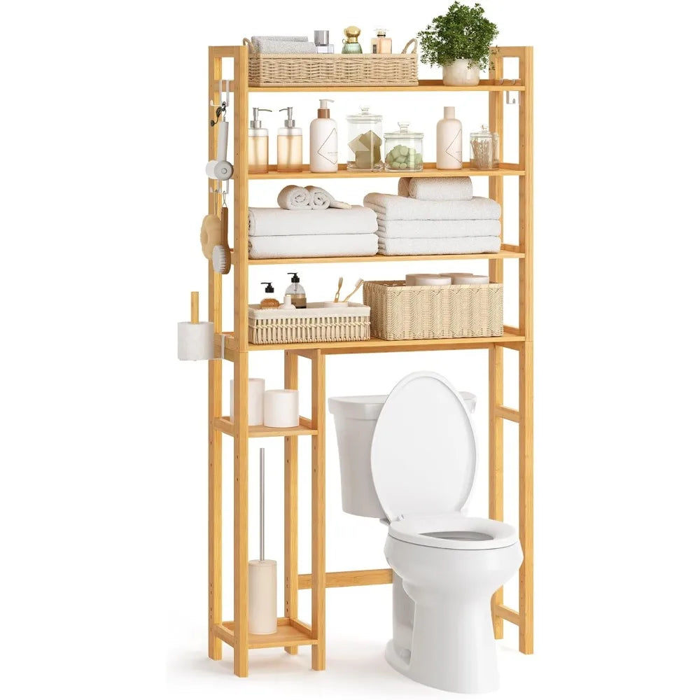 Adjustable Bamboo Over The Toilet Storage Shelf with Toilet Paper Holder