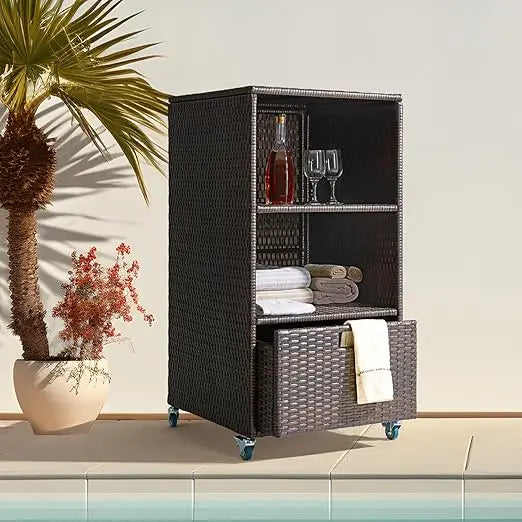 Outdoor Pool Towel Wicker Storage Cabinet with Shelves & Drawer.