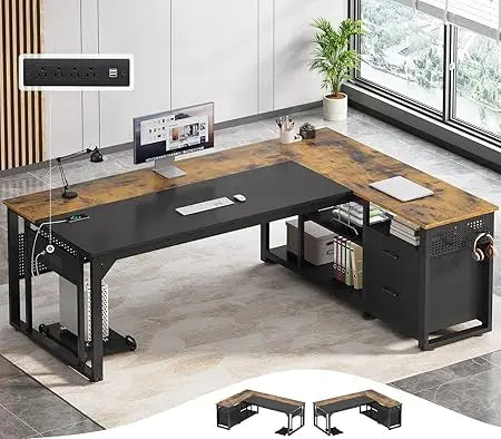 Large Reversible L-Shaped 71" Executive Desk with Power Outlets, File Drawers & Storage Shelves.