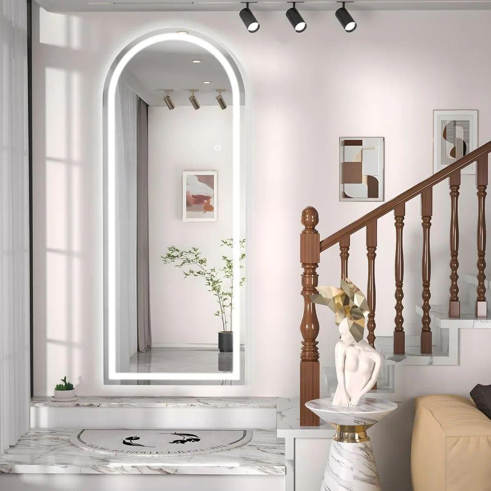 White Frame Arch LED Full Length Mirror with 3 Colors.