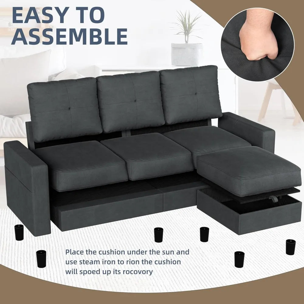 Convertible 3-Seat Sectional L-Shaped Couch  with Linen Fabric.