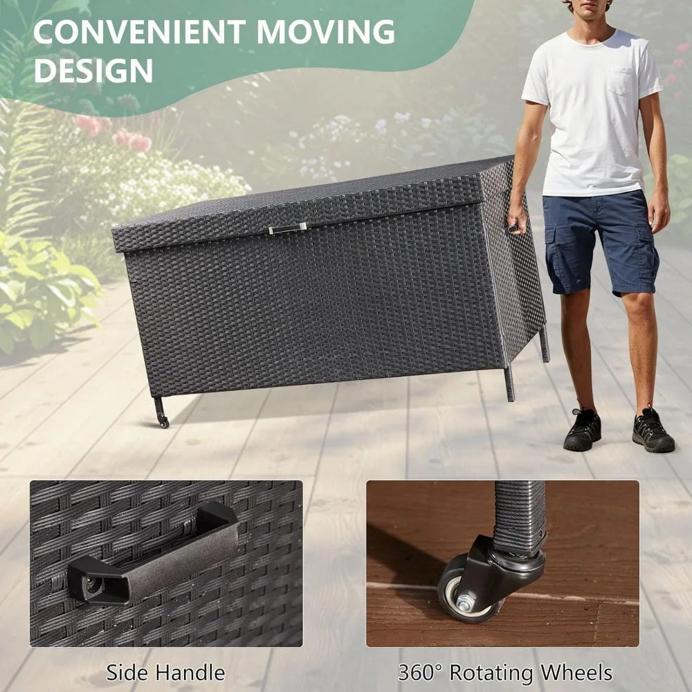 240 Gallon Wicker All-Weather Deck Box with 2 Universal Wheels & Hinged Opening
