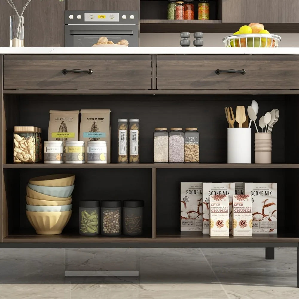 Stationary Kitchen Island with Storage Cabinet, 6 Open Shelves & 2 Drawers.