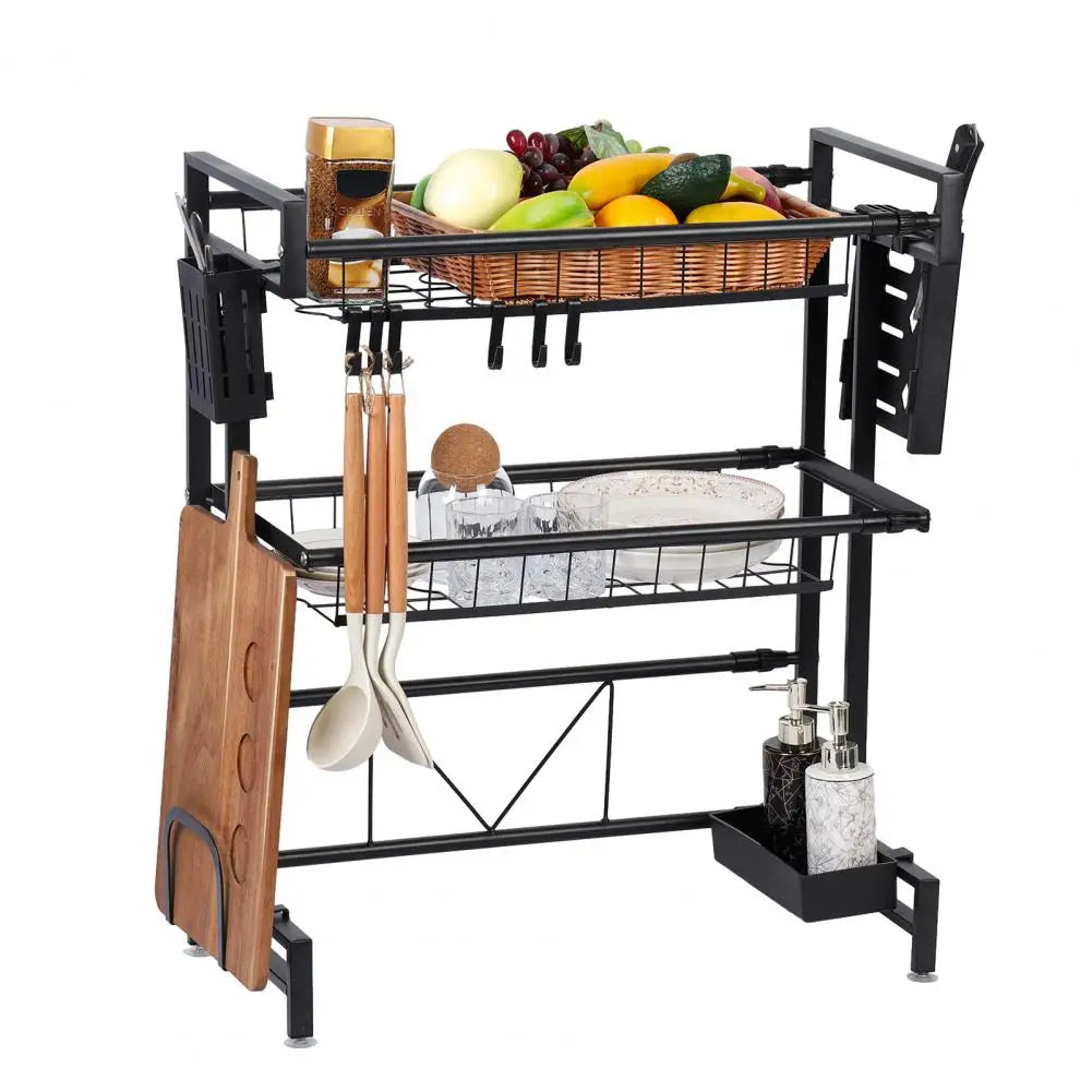 Adjustable Over Sink Double Layer Storage and Dish Drying Rack With Drain Frame.