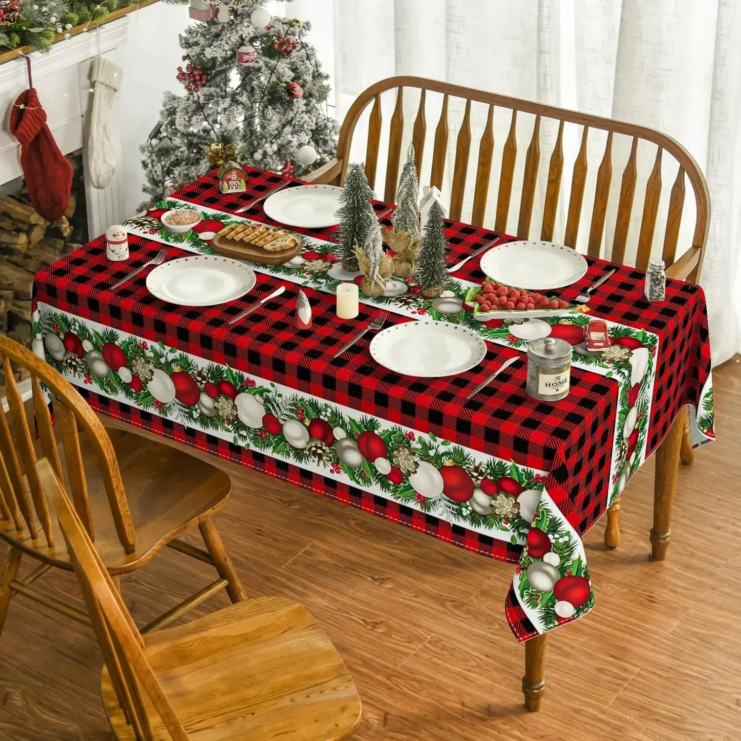 Christmas Ornaments Red Buffalo Plaid Reusable Rectangle Tablecloth