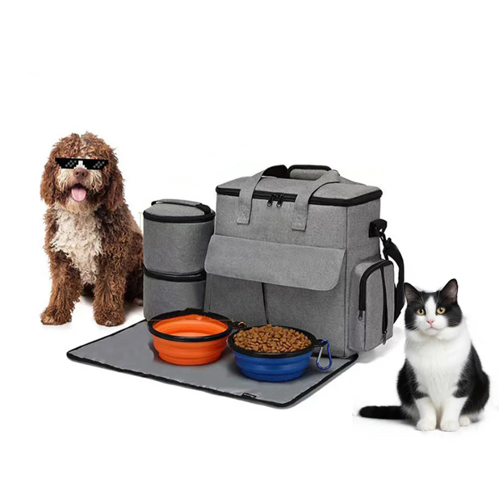 Dog Bag and Organizer for Week Away/Overnight w/ 2 Food Bags, 1 Waterproof Placemat, and 2 Foldable Bowls