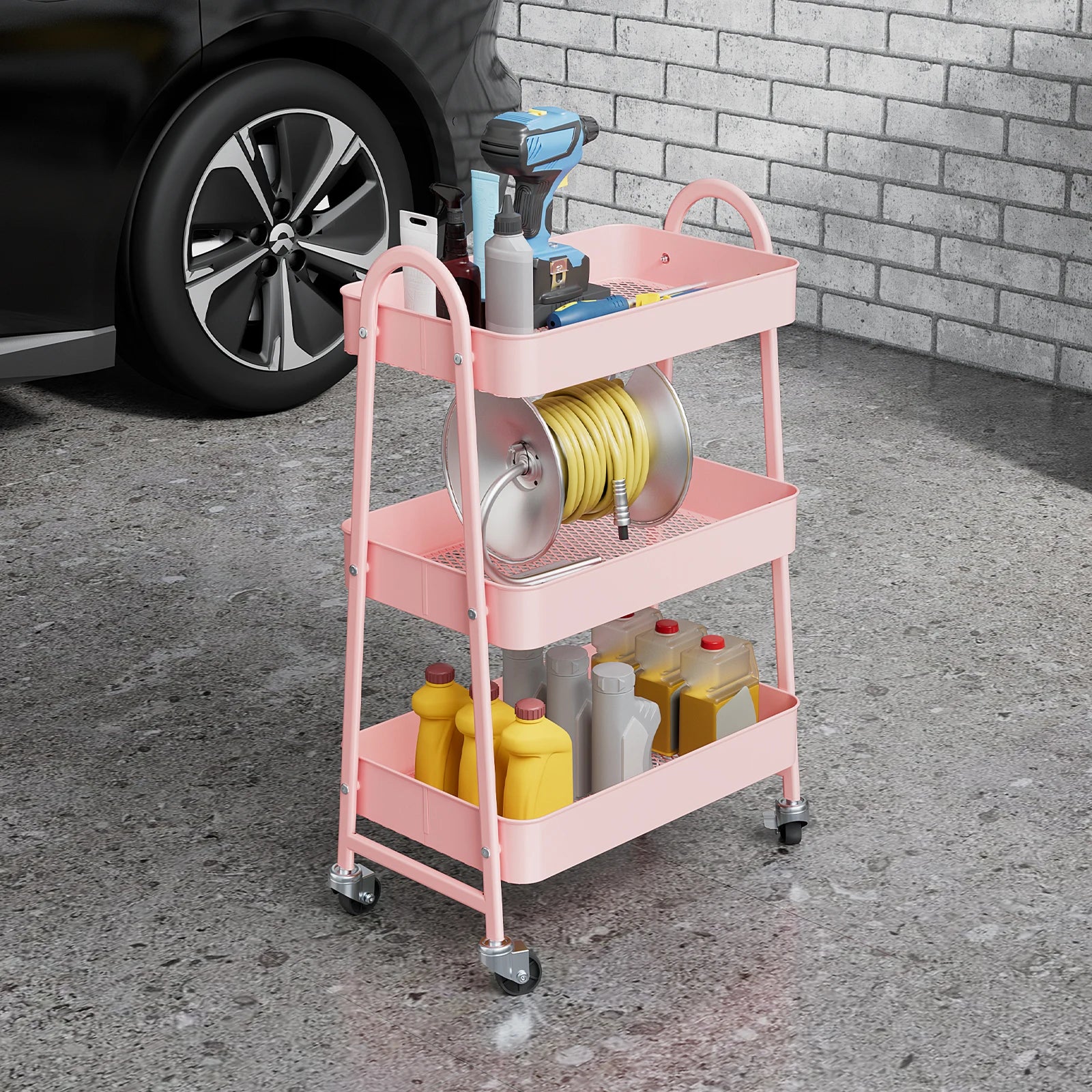 3 Tier Metal Storage Kitchen Cart with Lockable Wheels. Supports 55 lb. per shelf