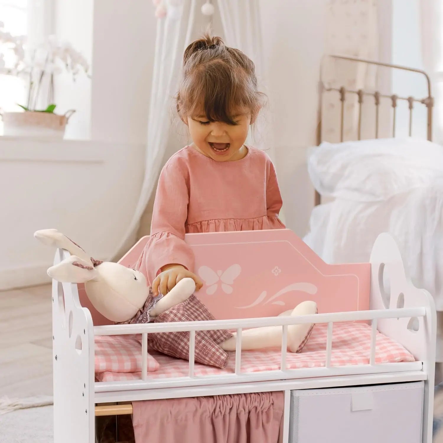 Pink and White Wooden Baby Doll Furniture Crib  with Storage Bedding and Wooden Hooks .