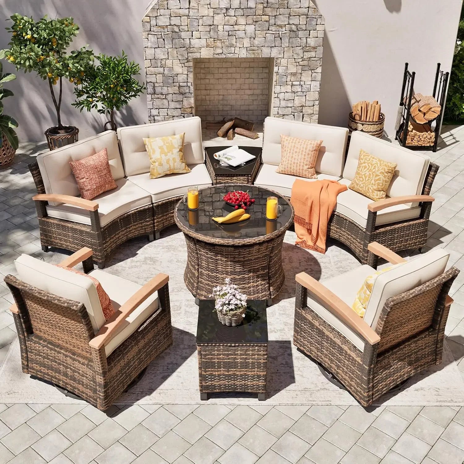 9 Piece Outdoor Patio Furniture Set, Half-Moon Curved Sectional Sofa Rattan Patio Conversation Set