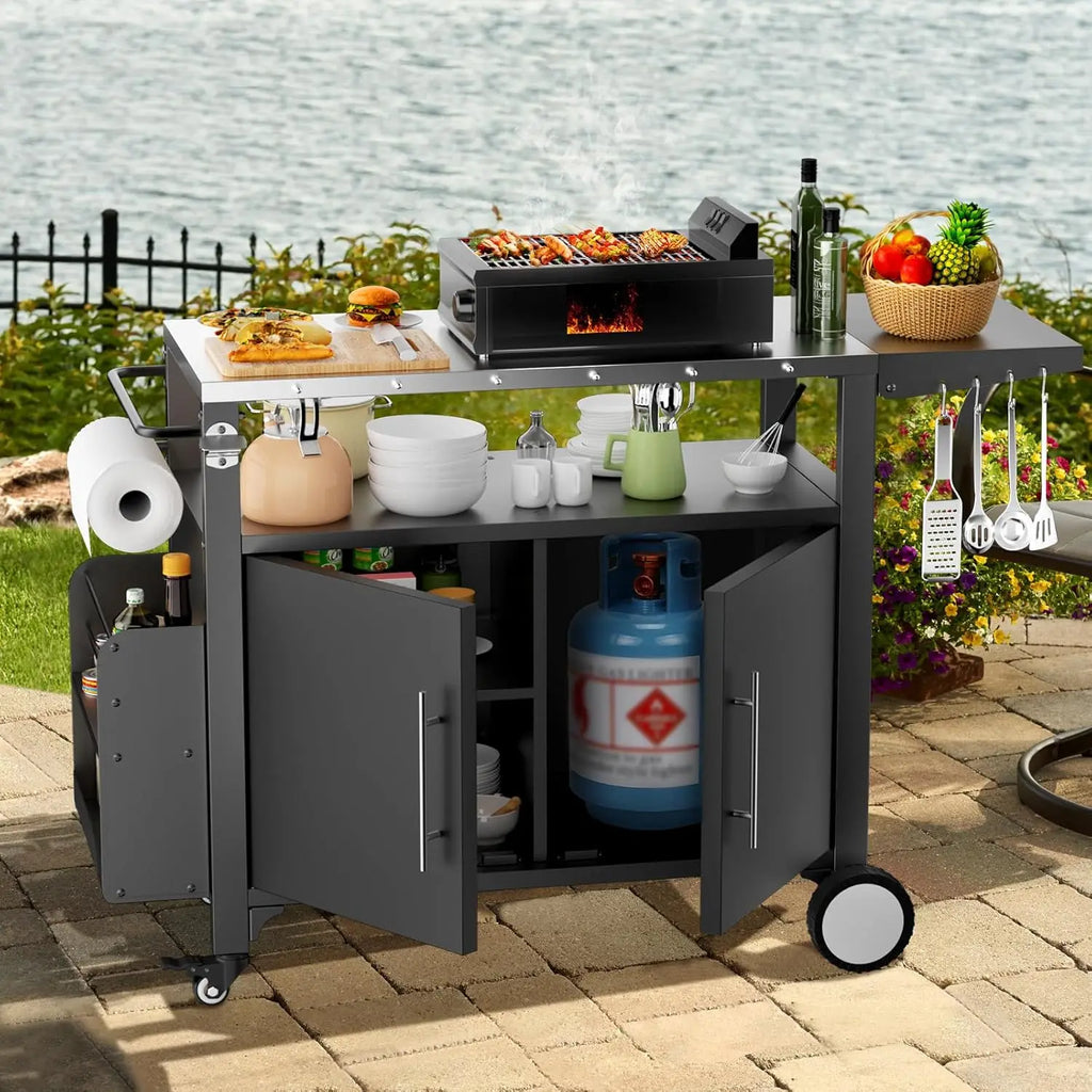 Waterproof Outdoor Grill or Bar Cart on Wheels with Stainless Steel Top, Storage, Hooks and Spice Rack