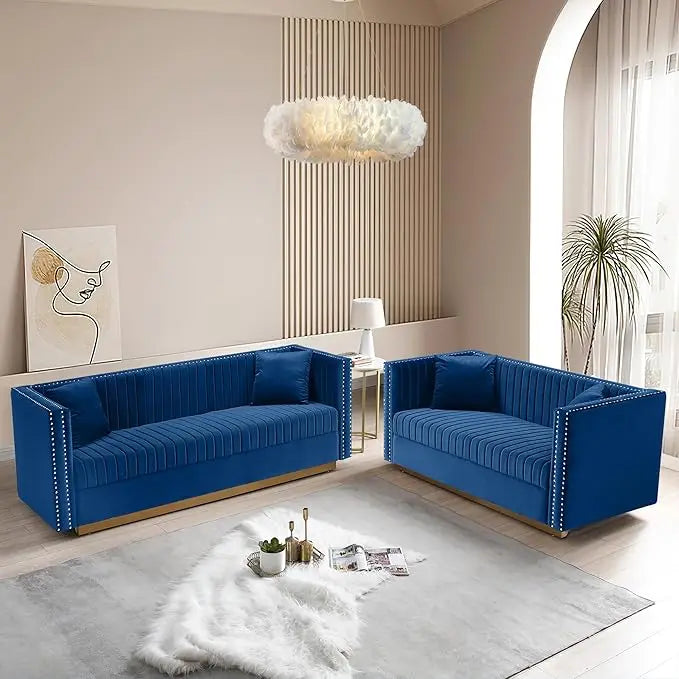 Luxury Velvet Sofa Set for Living Room with Nailhead Gold Metal Legs and 4 Pillows.