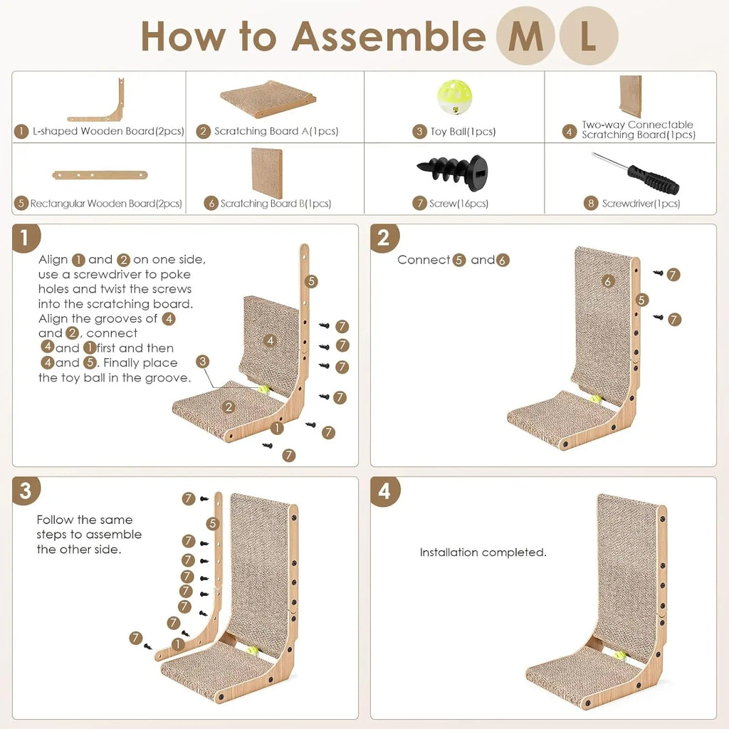 Vertical L-Shaped Cardboard Cat Scratching Post with Ball Toy.