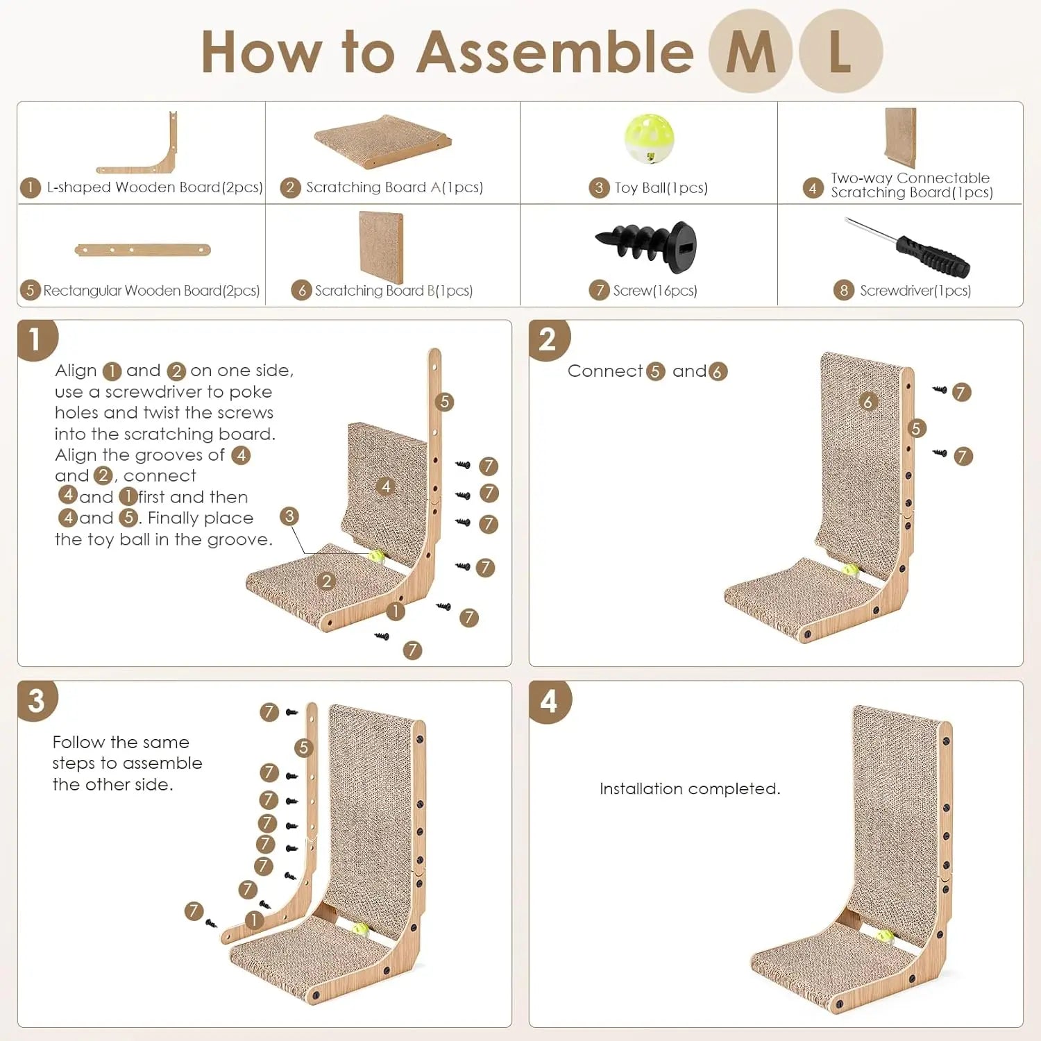 Vertical L-Shaped Cardboard Cat Scratching Post with Ball Toy.