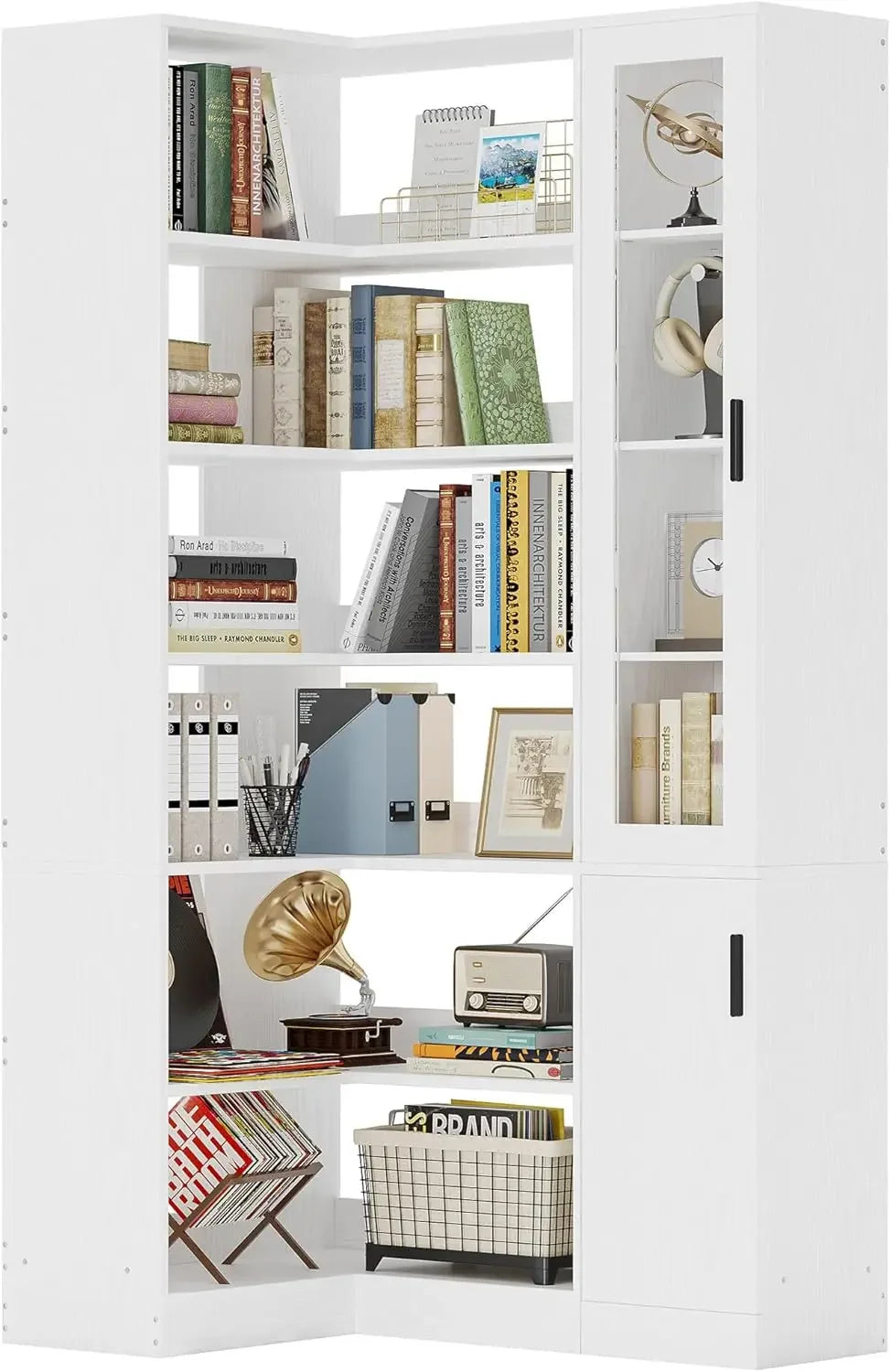 6-Shelf Corner Bookshelf with Doors and Storage,