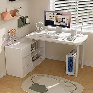 Small Space 47" L-Shaped Computer Desk with File Drawers & Storage Shelves.
