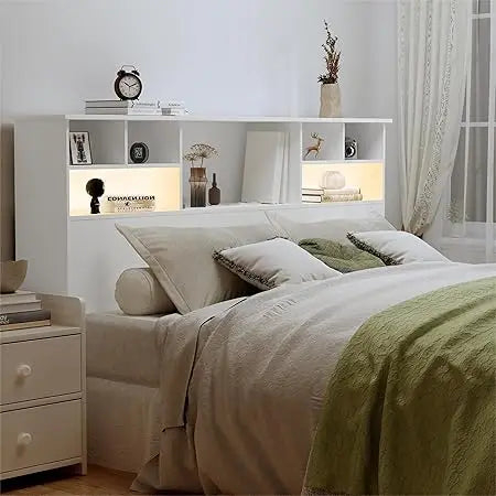 King Size Wooden Headboard with Bookcase and Built-In Charging Station & 2 LED Lights,