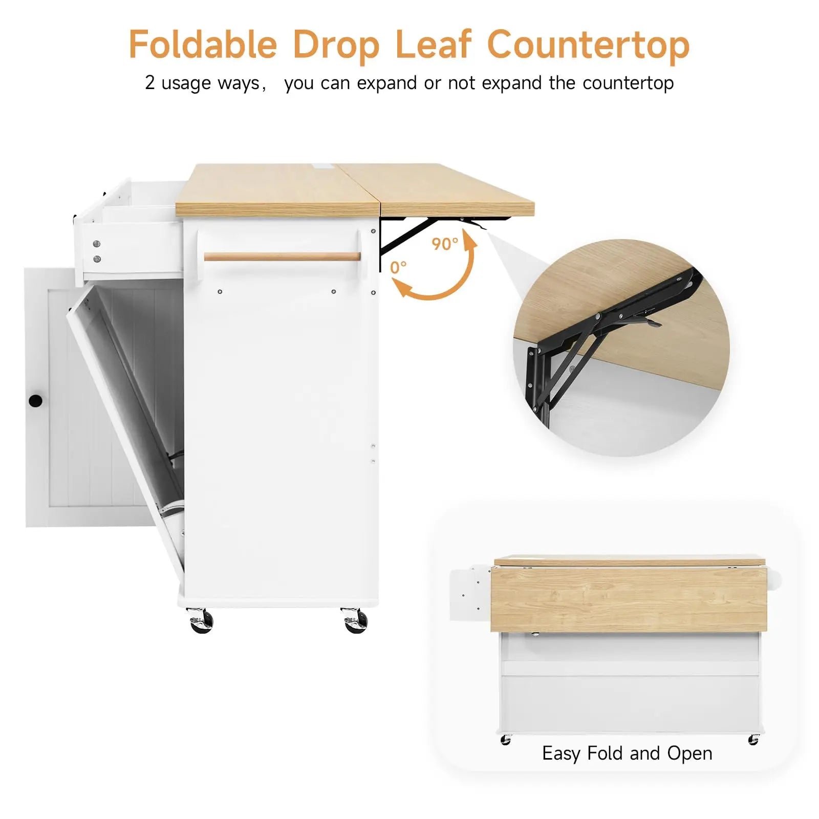60" Rolling Kitchen Island with Drop Leaf, Power Outlet, Trash Bin and Towel Rack.