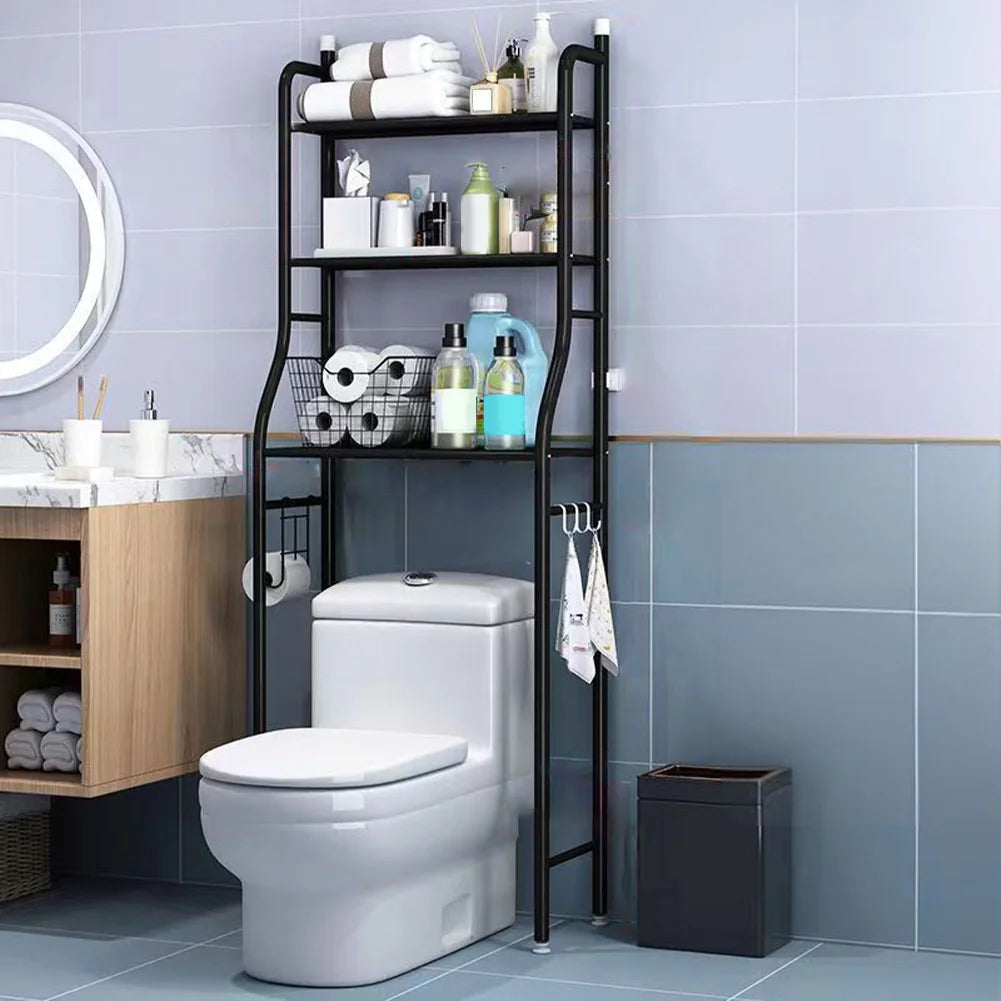 Metal Over The Toilet Storage Rack With Towel Hooks and Paper Holder.