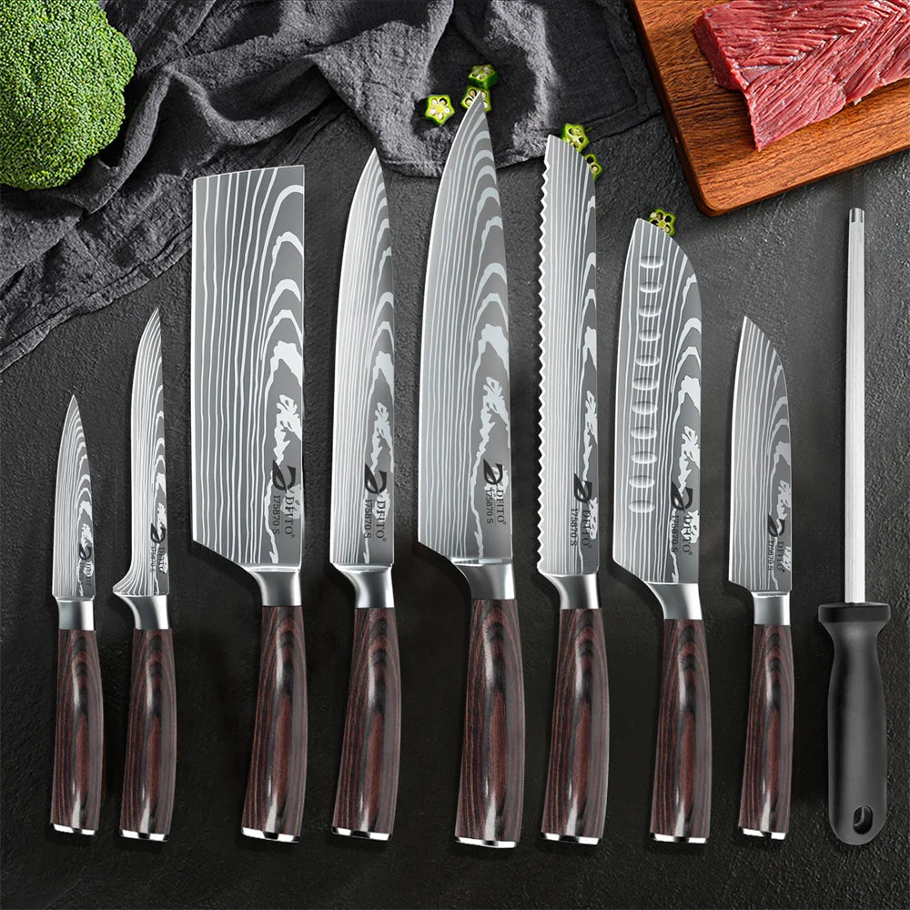 8 pcs Kitchen Stainless Steel Knife Set with Nylon Bag and Knife Sharpener
