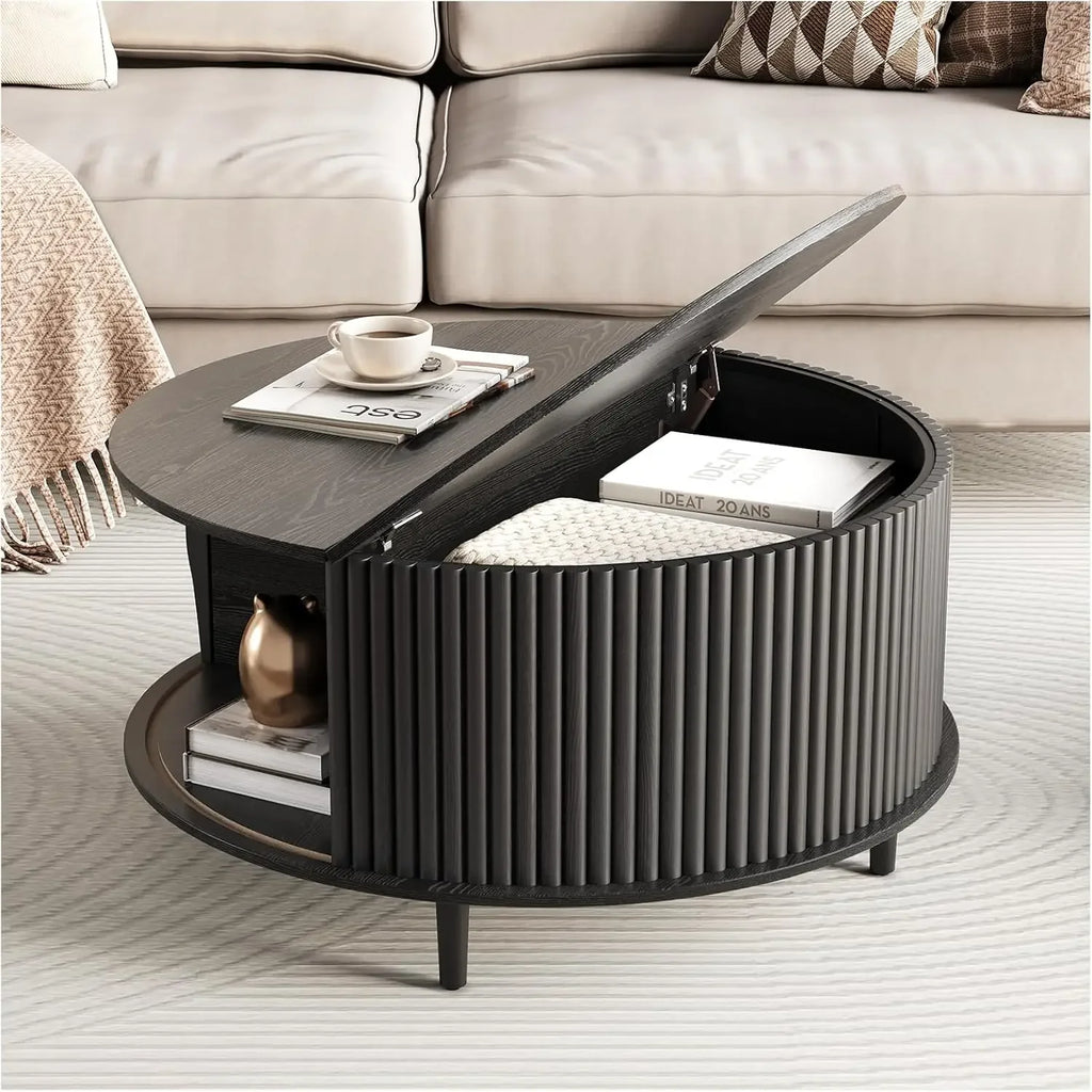 Round Coffee Table with Sliding Cabinet Door and Storage in Black or Oak.