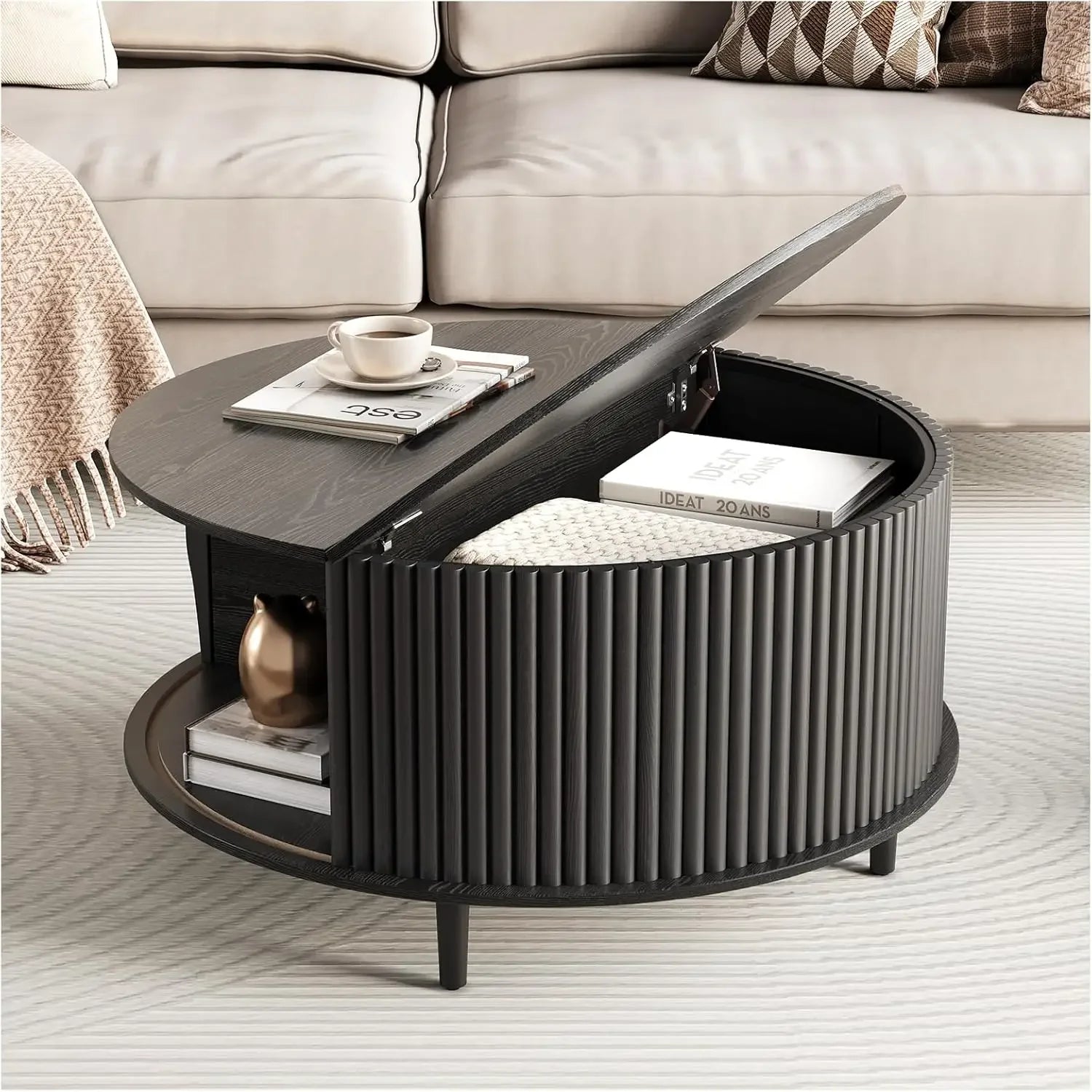 Round Coffee Table with Sliding Cabinet Door and Storage in Black or Oak.