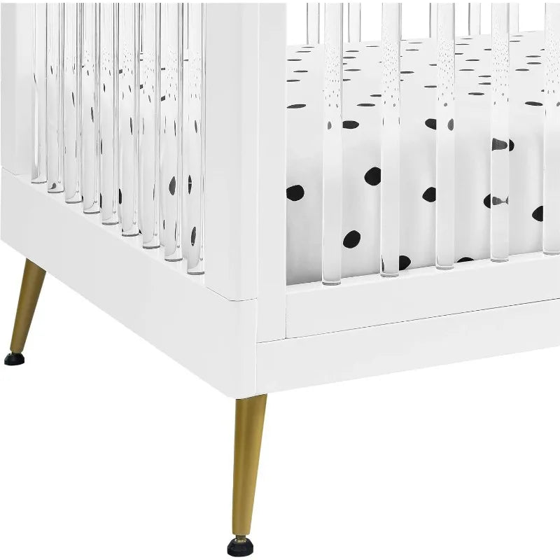 4-in-1 Multi-Use Acrylic Convertible White Crib with Conversion Rails and Bronze Feet