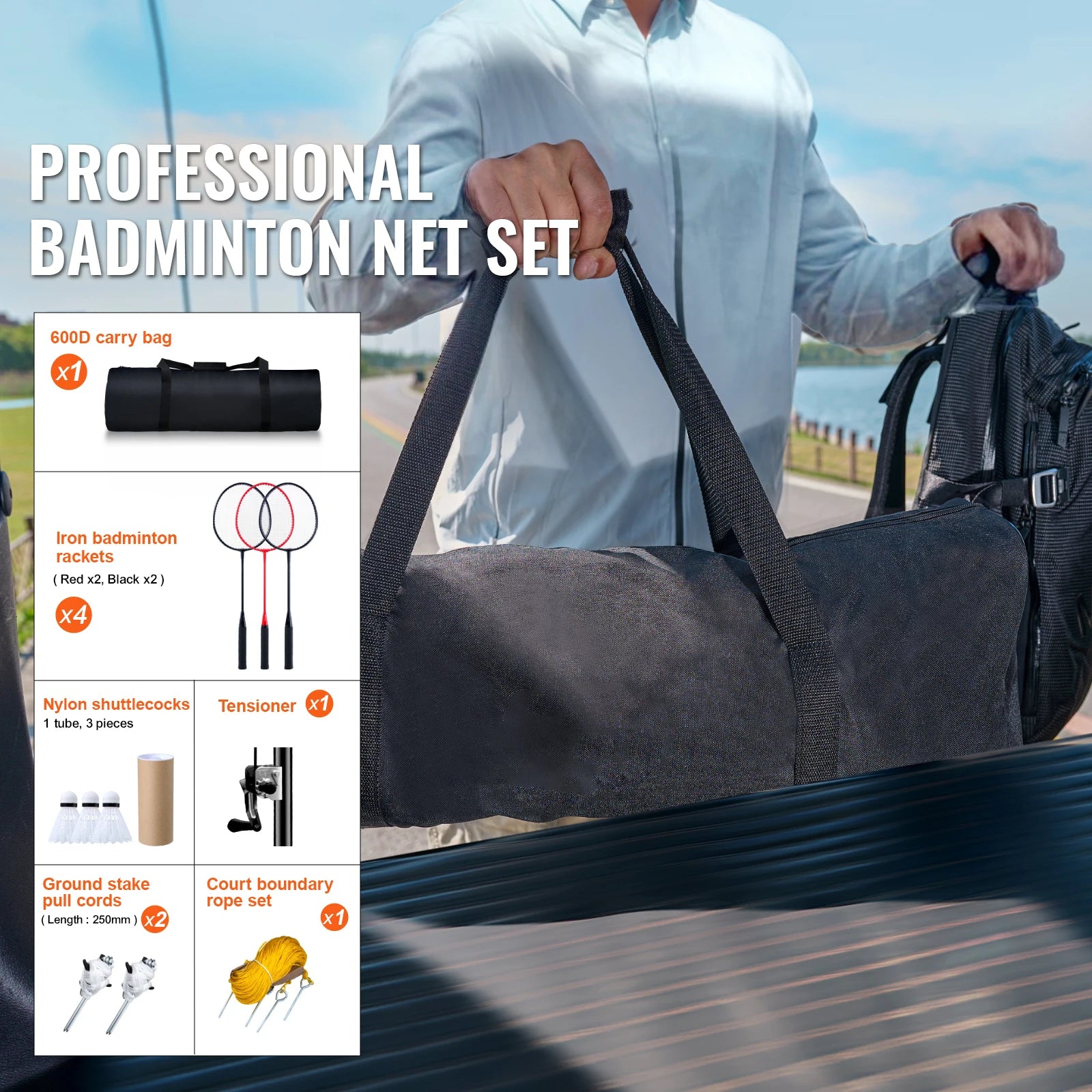 Outdoor Badminton Net Set W/Poles, Carrying Bag and 4 Iron Rackets