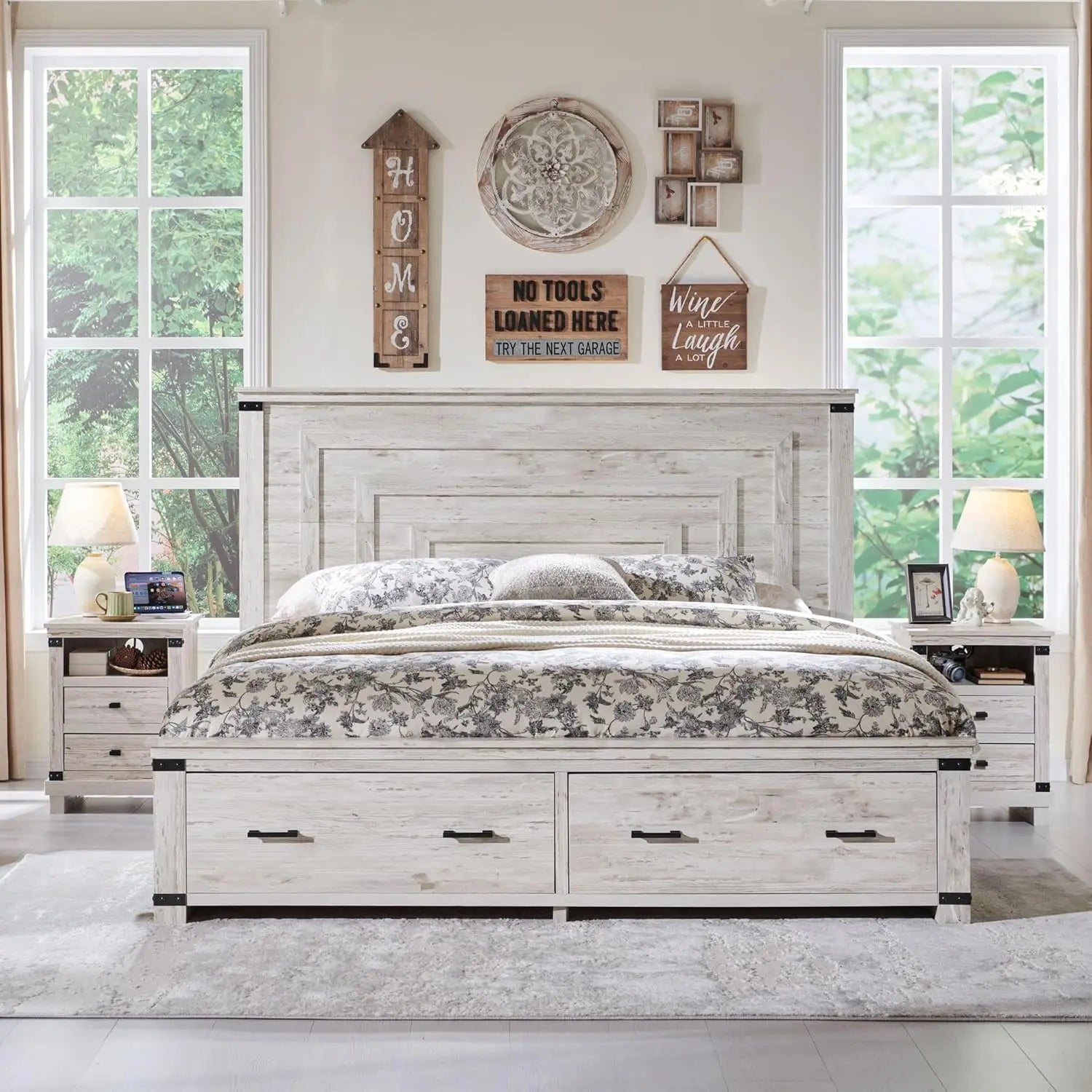 Wooden Antique White Farmhouse Bed Frame with 54" Tall  Headboard and 2 Large Storage Drawers.  King or Queen