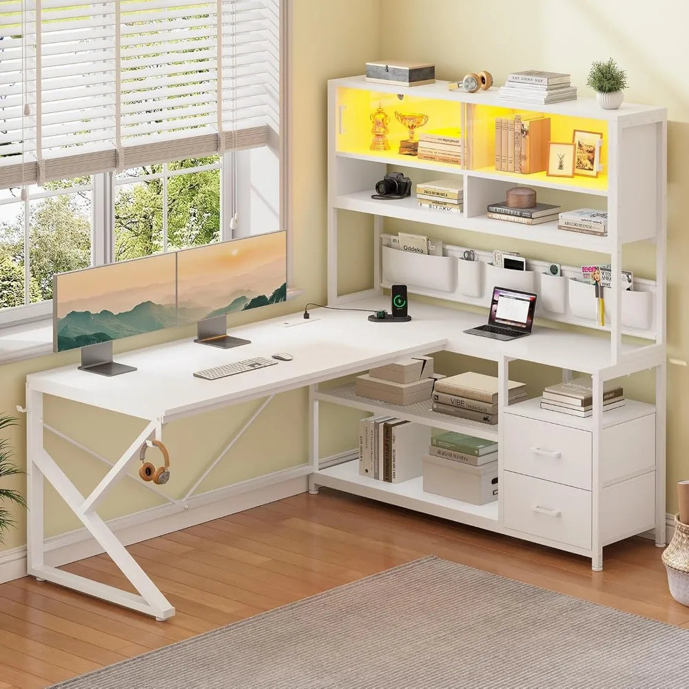 L Shaped Corner Gaming or Computer Desk for Home Office with 2 Drawers, Bookshelf, and LED Light,