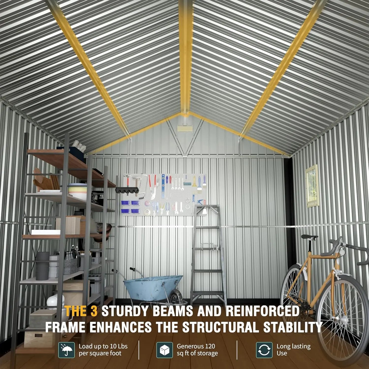Large Metal Storage Shed with Floor and Lockable Doors.