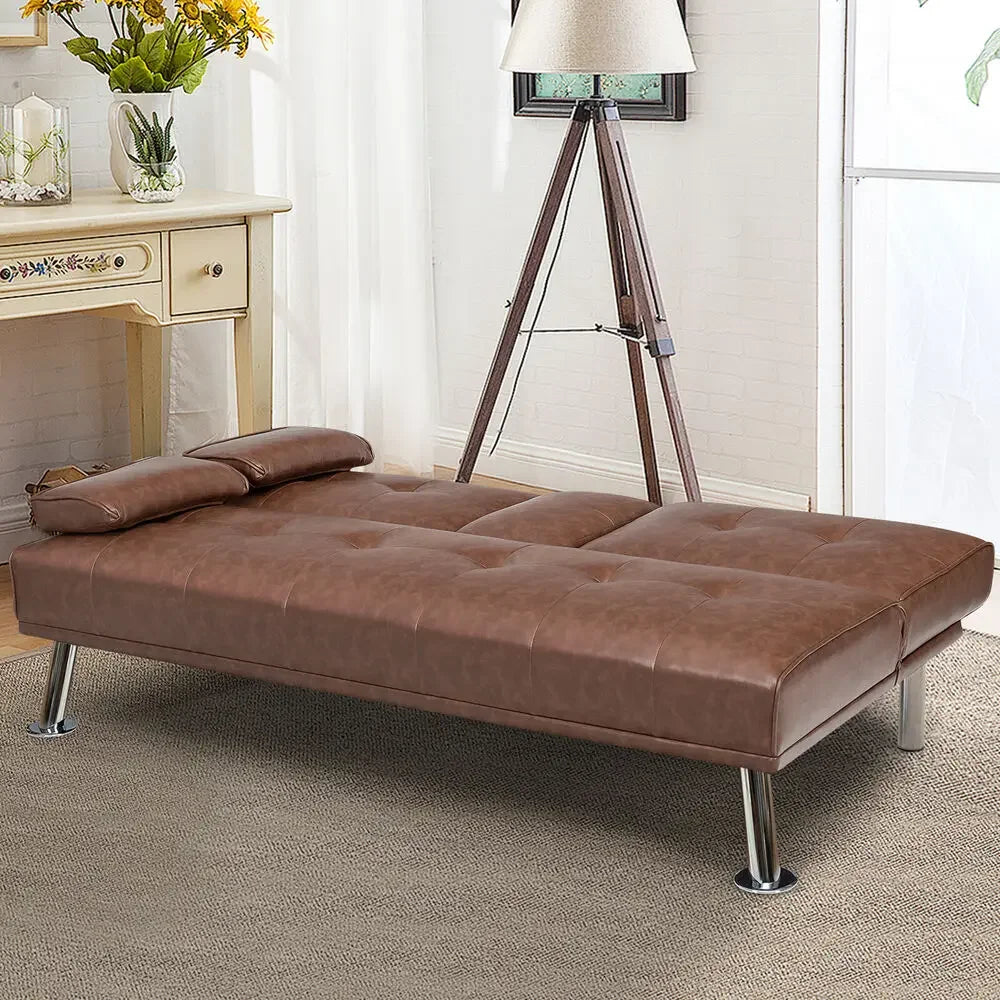 Convertible Folding Leather Futon Sofa Bed  w/ 2 Hidden Cup Holders.