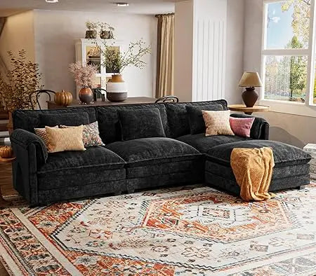 113" Modular Deep Seat Sectional Sofa with Movable Ottoman and Removable Covers in Various Colors.