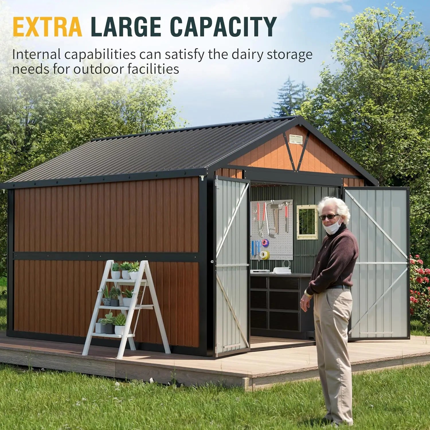 Large Metal Storage Shed with Floor and Lockable Doors.